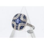 An Art Deco style sapphire and diamond platinum dress ring, ring size N, 4.2g
