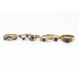 Six 9ct gold dress rings, set with blue and white stones, all in 9ct gold, various styles, 12g