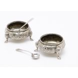 A pair of Victorian silver cauldron salts by TM, London 1871, together with a pair of silver salt