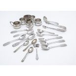 A collection of silver teaspoons and other items, including a set of four silver salts and a