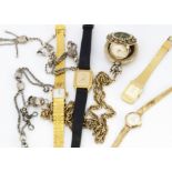 A c1970s Avia 9ct gold lady's wristwatch, 13.5g, together with three ladies watches and a Fivana fob