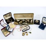 A collection of costume jewellery, and various 9ct gold earrings, including a cultured pearl 9ct