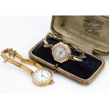 Two Art Deco period 9ct gold cased ladies wristwatches, one on 9ct gold marked expanding strap,