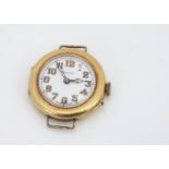 A c1920s Baume 18ct gold cased trench style wristwatch, 32mm case, enamel dial with Arabic numerals,