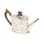 A Regency period white metal teapot, with later additional rococo decoration and repairs, AF, 12.
