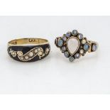 A 15ct gold enamel and pearl mourning ring, 3.2g, ring size O and a contemporary 9ct gold rainbow