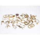 A collection of 9ct gold earrings, including hoop, stud, cameo etc, 24g