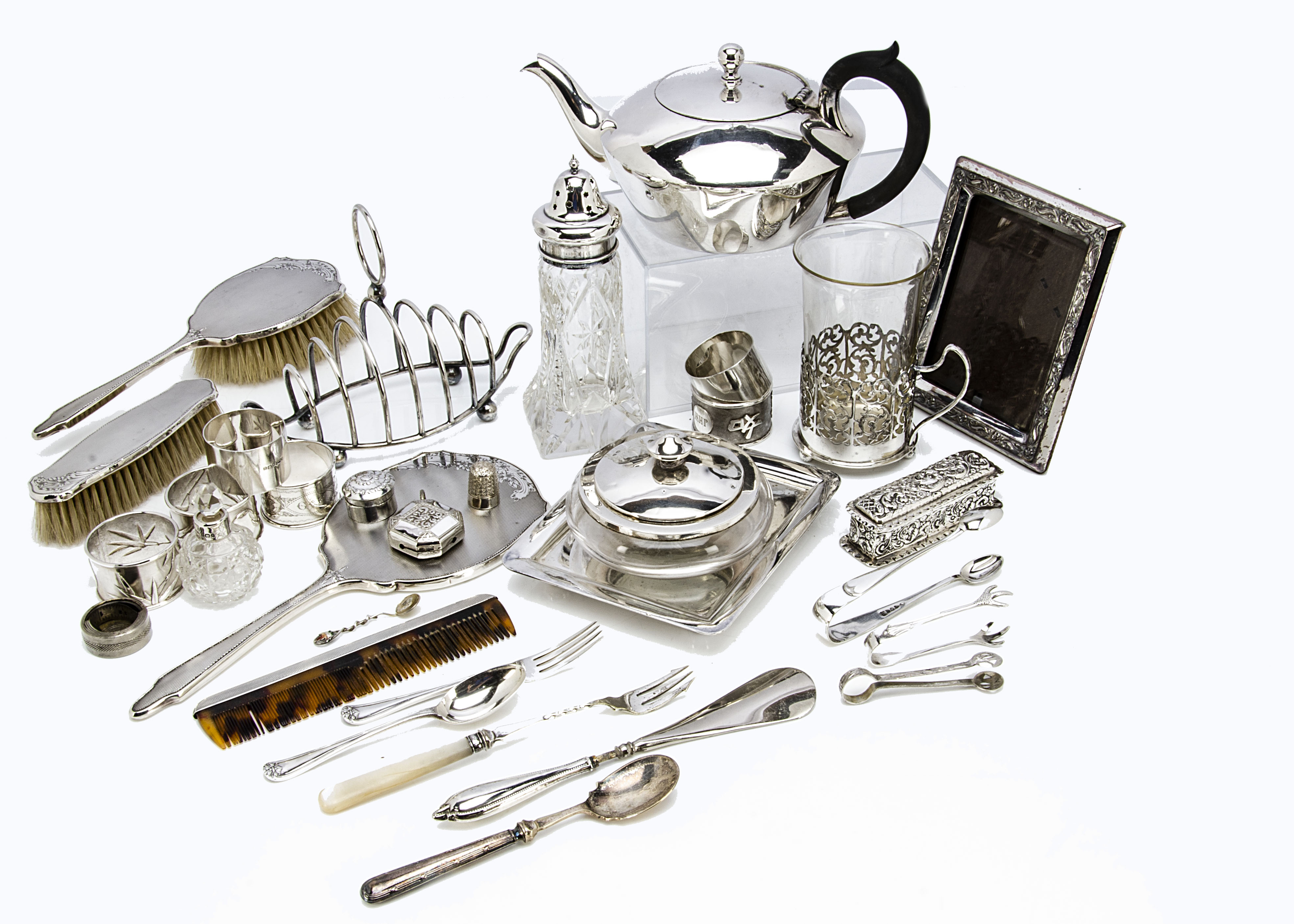 A collection 19th and 20th Century silver and silver plate, including a small rectangular box, a