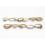 Twelve gold and diamond set rings, of various designs mostly 9ct, including illusion sets, half