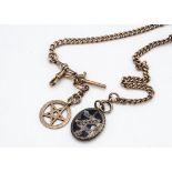 A 9ct gold curb link watch chain, with five pointed star fob, T bar and base metal in Memory of