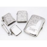 Three Victorian and later silver vesta cases, together with a silver cigarette case and a silver