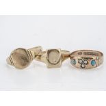 A Victorian 9ct gold seed pearl and turquoise dress ring, ring size Q together with two 9ct gold
