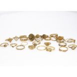 A collection of twenty six 9ct gold dress rings, including lady's signet rings, hinged locket