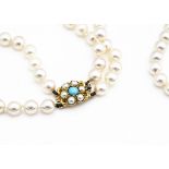 A double row cultured pearl necklace, with 9ct gold, turquoise and pearl set clasp. The graduated