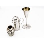 Three small collectable silver items, including an 800 marked continental goblet, a pepper shaker