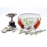 A collection of silver and other items, including a porcelain lobster bowl from WMF, small silver