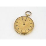 A 19th Century continental yellow metal open faced pocket watch, 38mm, appears to run, gilt engraved