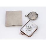 An Art Deco period silver square compact, together with a silver circular vesta case, an Edwardian