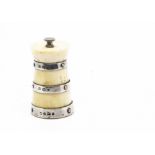 An Edwardian ivory and silver pepper mill by Heath & Middleton, tapered with three applied silver