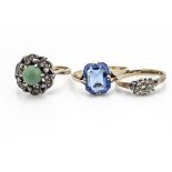 Three 9ct gold dress rings, including a turquoise and paste set cluster ring, a diamond cluster ring