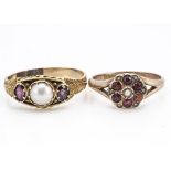 An antique almandine garnet and pearl ring, the claw set gemstones in an oval rope twist setting