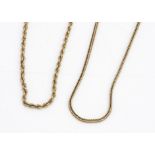 A continental gold chain marked 18K, 30cm, 9.6g and another 9ct gold rope twist example, 32cm, 7.