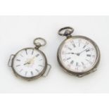 Two 19th Century silver open faced pocket watches, the smaller converted to a wristwatch with