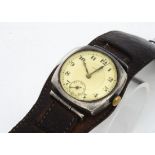 A c1930s Rolex silver trench style wristwatch, 31mm case, not running, enamel dial cracked, movement