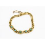 An Edwardian 15ct gold and turquoise bracelet, the cabochon polished beads in curb link settings