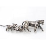 A silver lioness and cub brooch, by Harriet Glen, depicted prowling, 7.5cm x 2cm