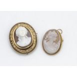 A French gold mounted shell cameo, centred with portrait of a classical woman facing, in an open