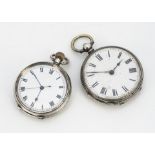 Two Victorian silver open faced ladies pocket watches, one 39mm, the other top wind, 35mm, AF