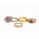 A collection of miscellaneous gold rings, including 22ct wedding band, ring size P, 3.4g, a three