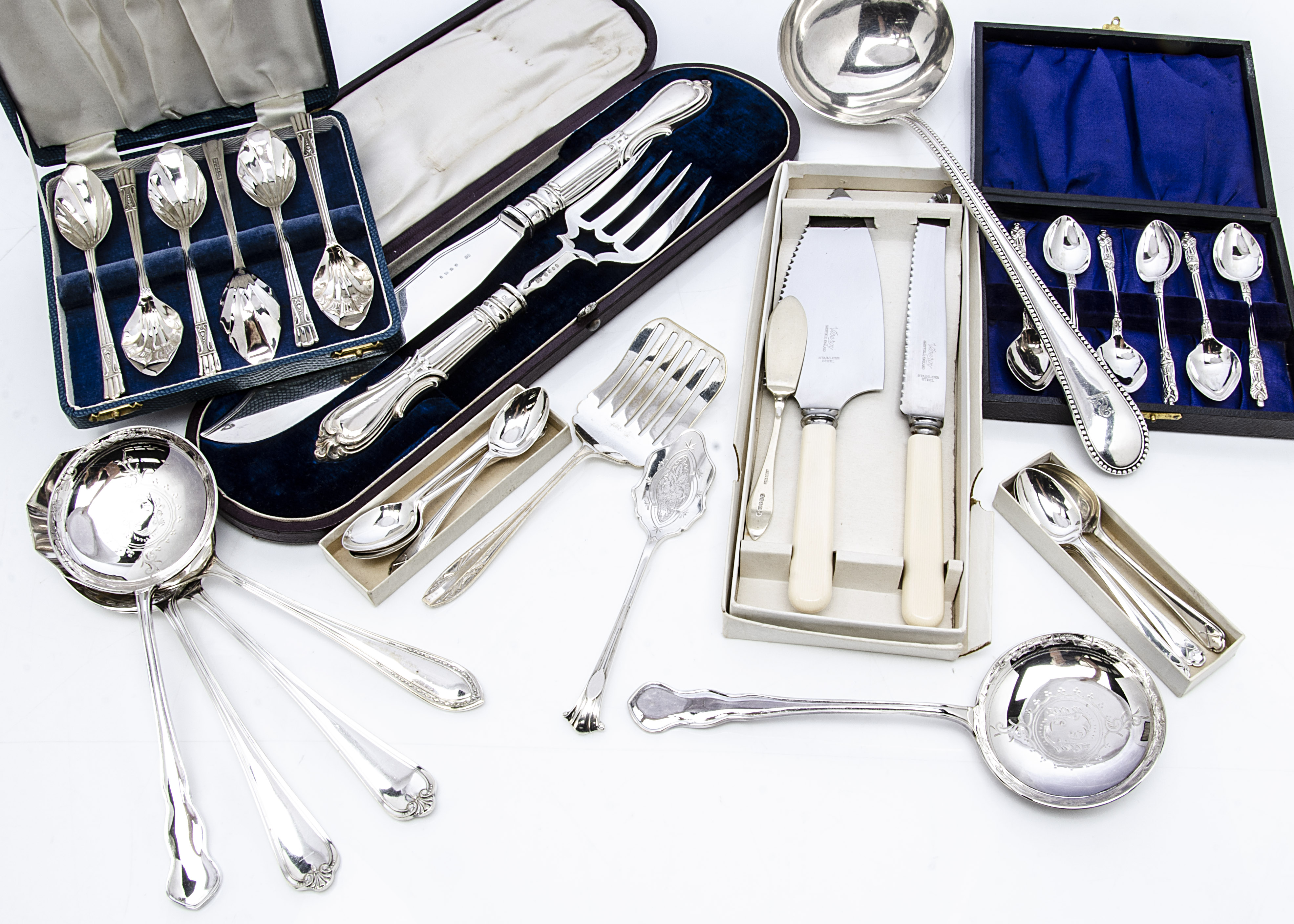 A collection of silver and silver plate, in box, including a set of eight silver golf coffee spoons, - Image 2 of 2