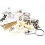 A collection of silver and other interesting items, including a silver clothes brush, two ivorine