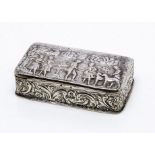 A late Victorian silver table box by Nathan & Hayes, 6ozt, 13cm wide, having raised scene of figures