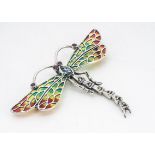 A contemporary silver and enamel gem set dragonfly brooch, 7cm x 5.5cm