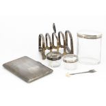 An Art Deco period silver cigarette case, together with a silver toast rack, a pair of glass