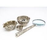 Three vintage Indian white metal bowls, various shapes, 11.5cm, 13.5cm and 5cm, together with a
