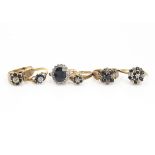 Six 9ct gold sapphire and diamond dress rings, all clusters in various styles, 16g (6)