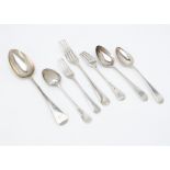 A harlequin George III and later part canteen of silver Old English pattern cutlery, most engraved