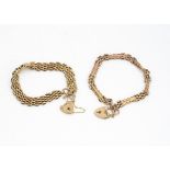 Two padlock clasp bracelets, with safety chains and oval links, 9ct gold hallmarks, each 20cm, 16.7g