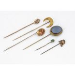 A collection of various stick pins, including a paste set foil backed example circa 1830, af, a