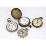 Four pocket watches, including an Art Deco Cyma, a brass full hunter, a gun metal example and WWII