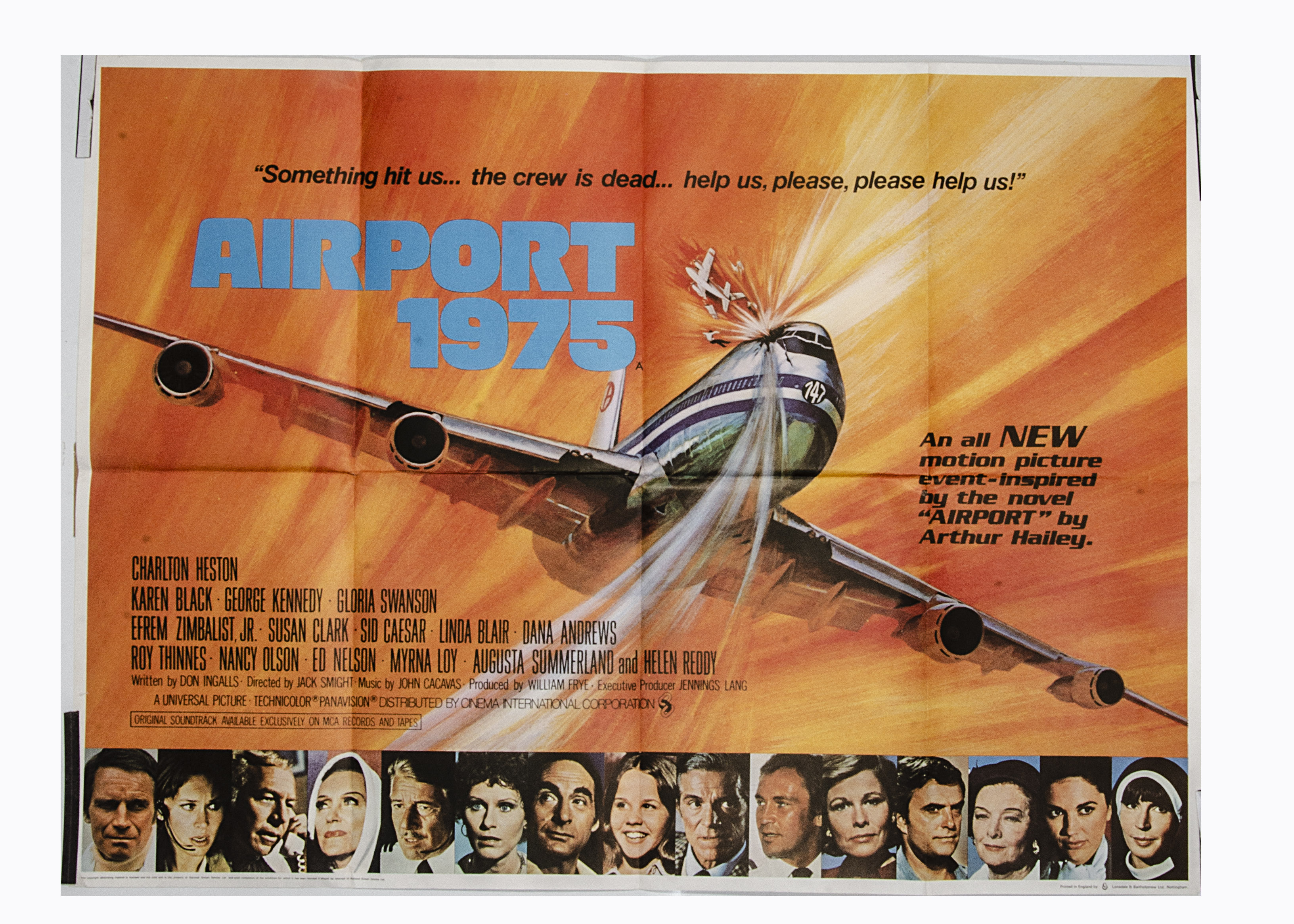 Eight UK Quad posters mostly 1970s-1980s, including Lucky Lady with Amsel poster art, Airport