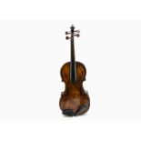 Violin, an unmarked full size violin, highly re-varnished with no strings or bridge - with bow (