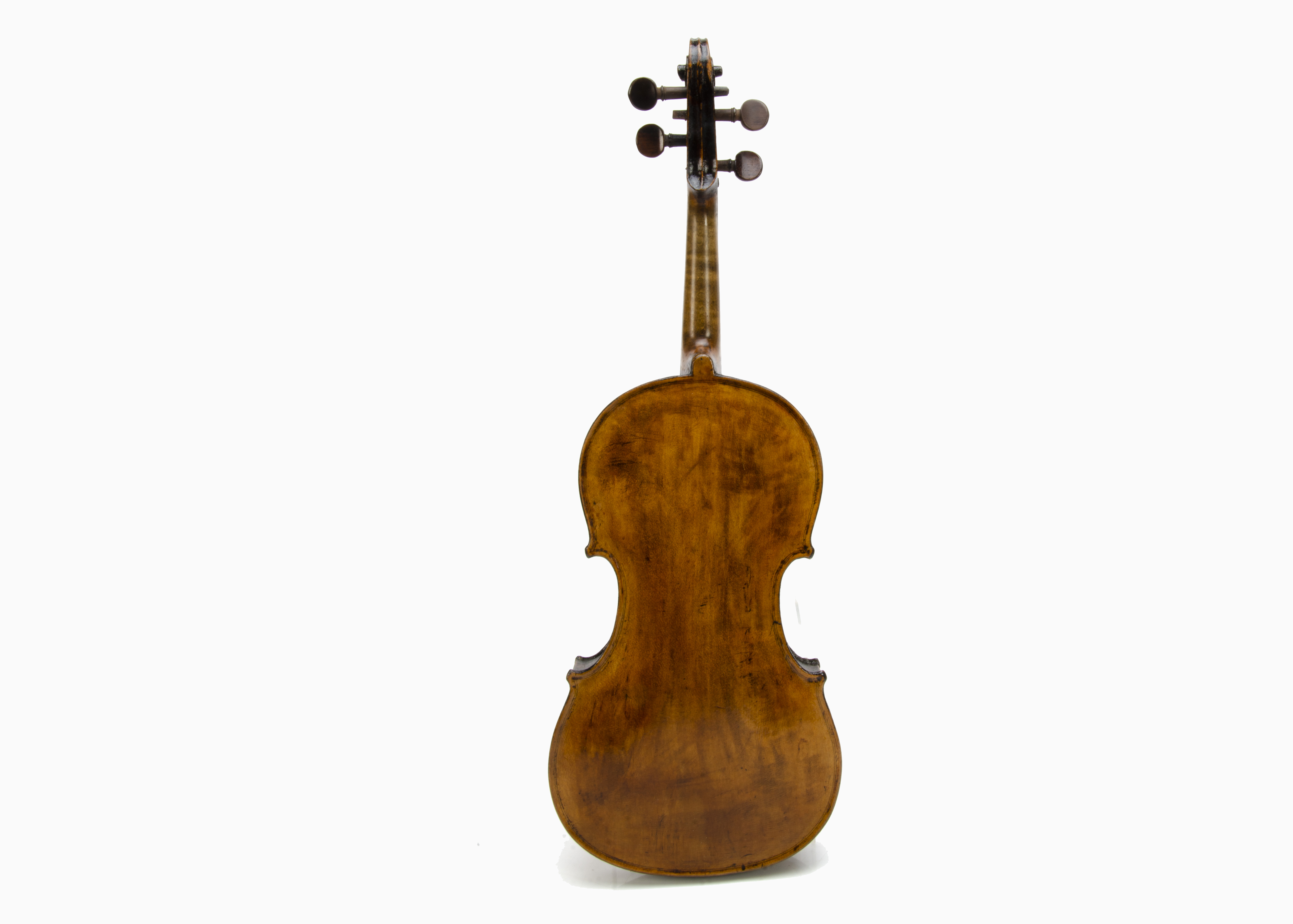 Violin, an unmarked full size violin, highly re-varnished with no strings or bridge - with bow ( - Image 3 of 4