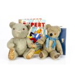 Two British teddy bears, an Invicta teddy bear with beige wool plush, orange and black glass eyes,