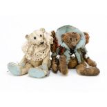 Two miniature artist teddy bears, both made from distressed cotton, one white and one beige,