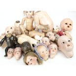 Various doll's bodies and heads, six jointed composition bodies including a walker (missing lower